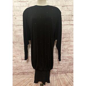 Vintage 80s Black Crepe ST MARTIN Balloon Blouson Smocked Hem Tunic Dress Size M